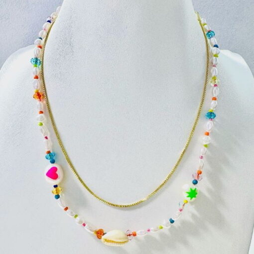 Bimba y Lola Collar Doble con Cadena en Dorado y Perlas con Colores