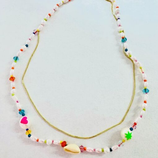 Bimba y Lola Collar Doble con Cadena en Dorado y Perlas con Colores