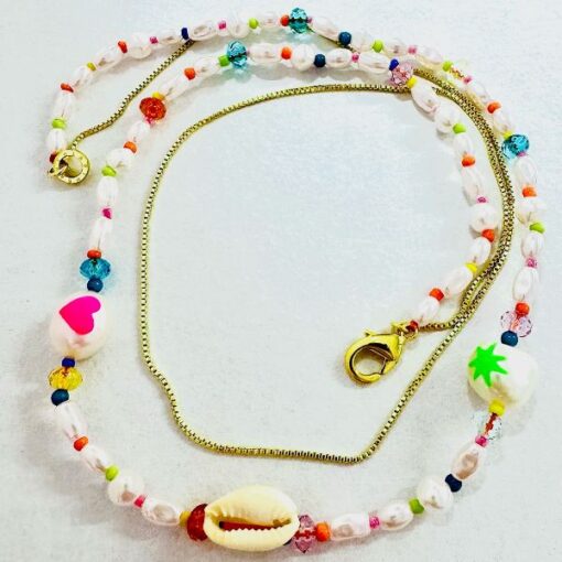 Bimba y Lola Collar Doble con Cadena en Dorado y Perlas con Colores