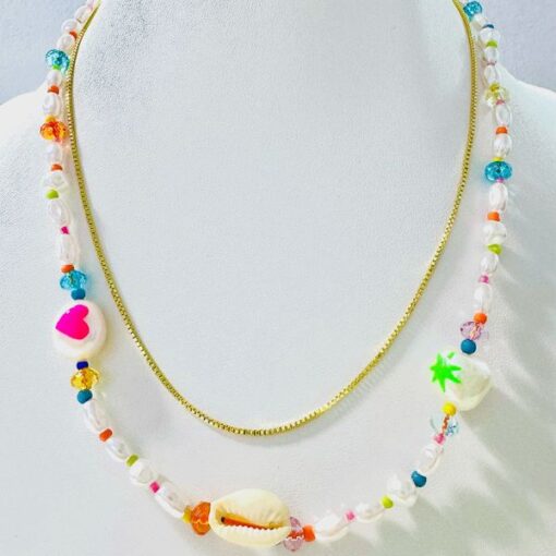 Bimba y Lola Collar Doble con Cadena en Dorado y Perlas con Colores
