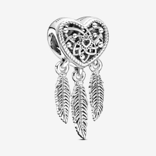 Charm Atrapasueños con Corazón y Tres Plumas Plata