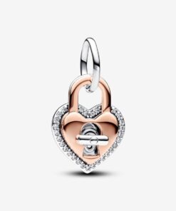 Charm Colgante Doble Corazón Candado Giratorio en Dos Tonos