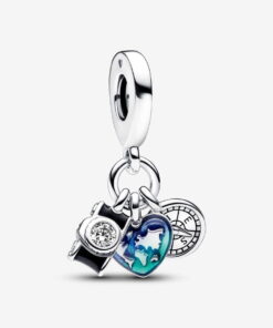 Charm Colgante Triple Cámara, Corazón y Brújula