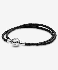 Pulsera Moments en cuero trenzado doble negro