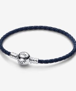 Pulsera de Cuero Trenzado Azul con Cierre Redondo
