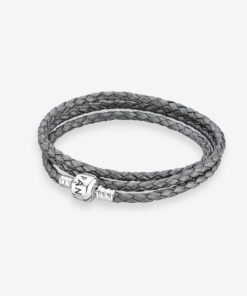 Pulsera doble en Cuero gris Plateado con Cierre Pandora