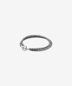 Pulsera doble en Cuero gris Plateado con Cierre Pandora