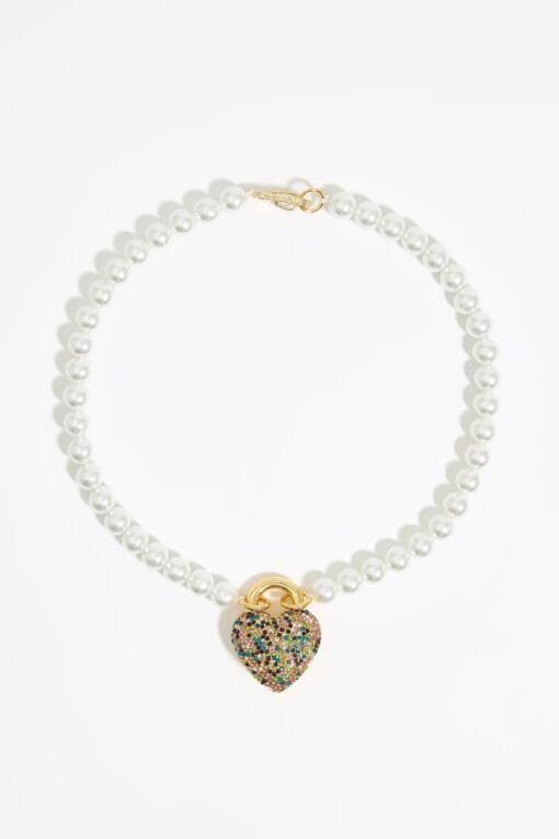 Collar Perlas y Corazón Cristales Multicolor