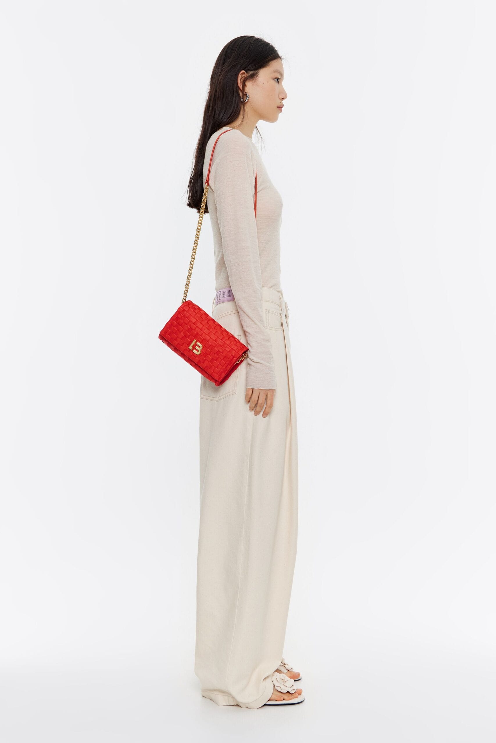 Mini Bolso con Solapa de Nylon Trenzado Color Coral