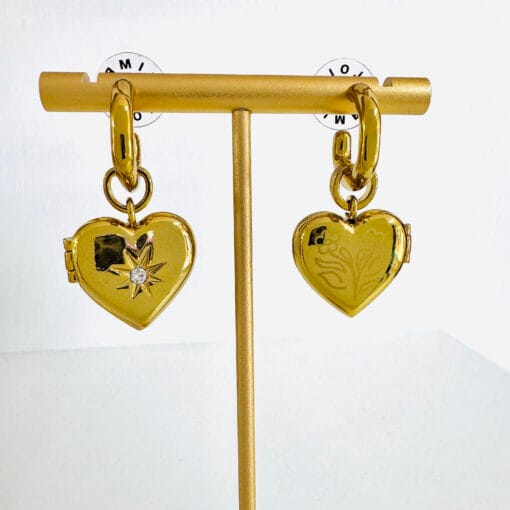 Bimba y Lola Aretes Aro Corazón Cristales Dorados