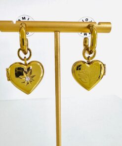 Bimba y Lola Aretes Aro Corazón Cristales Dorados