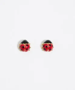 Bimba y Lola Aretes Mini de Metal Dorado con Catarina Esmaltada en Color Rojo