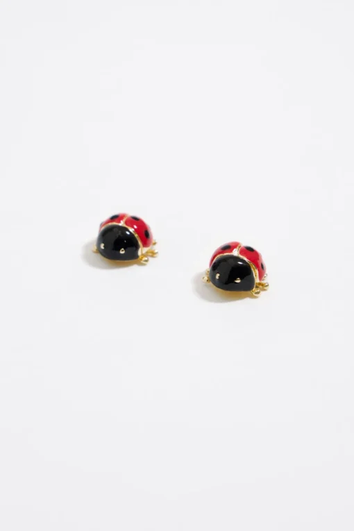 Bimba y Lola Aretes Mini de Metal Dorado con Catarina Esmaltada en Color Rojo
